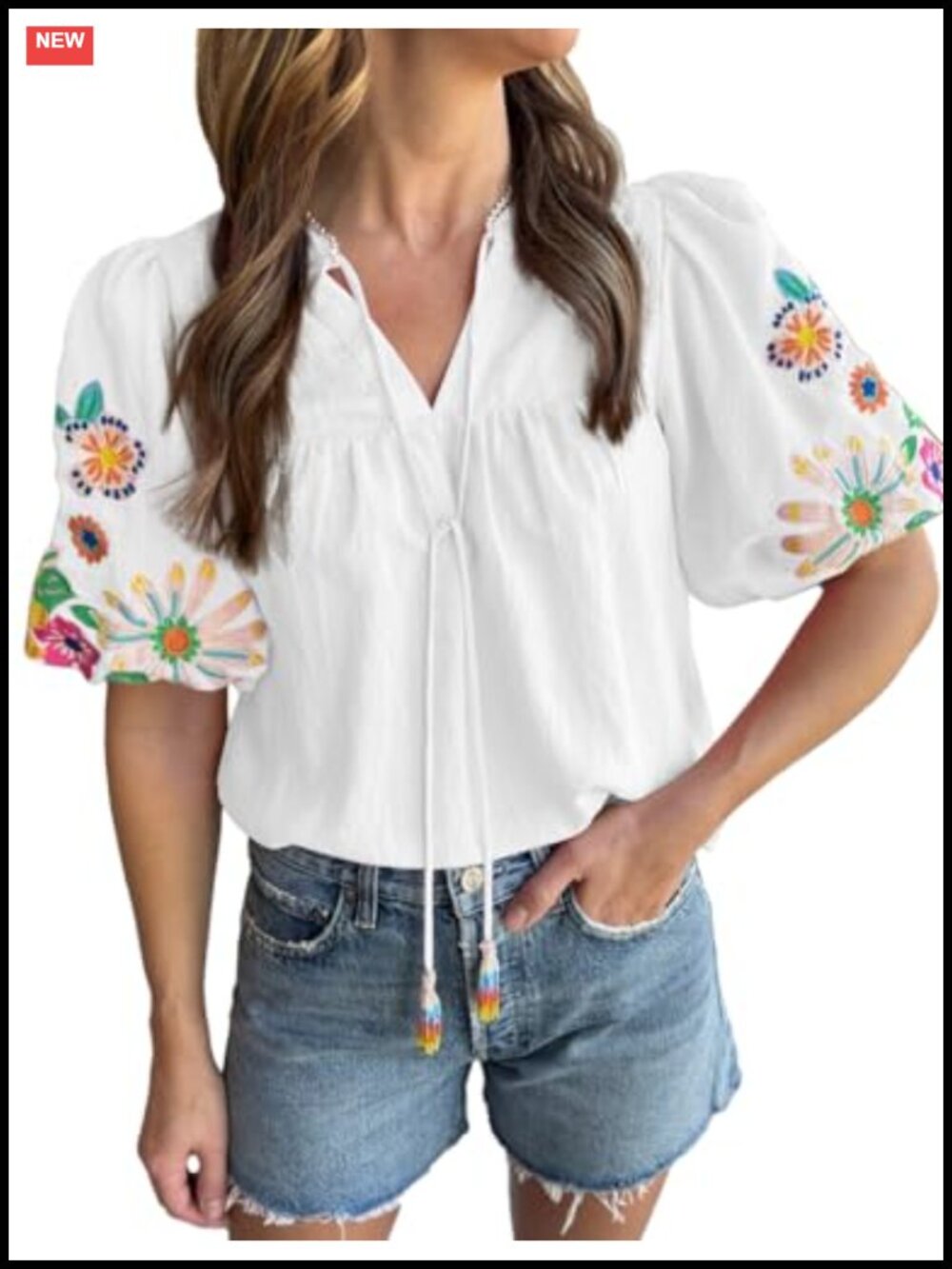 Boho Floral Embroidered V Neck Puff Sleeve Blouse Women's Summer Casual Tunic